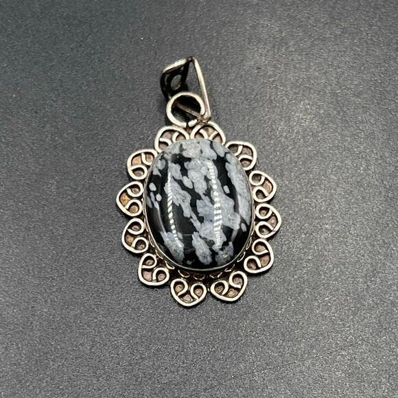 Black White Snowflake Obsidian and Sterling Silver For Balance Protect Pendant - Picture 1 of 7